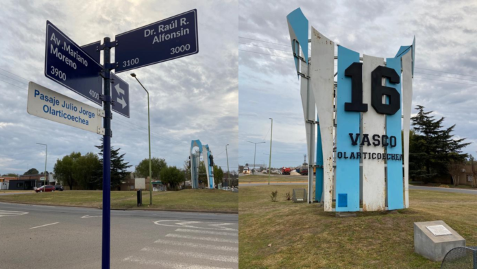 El pasaje Julio Jorge Olarticoechea en uno de los ingresos a Saladillo y el monumento al Vasco en la Ruta 205.